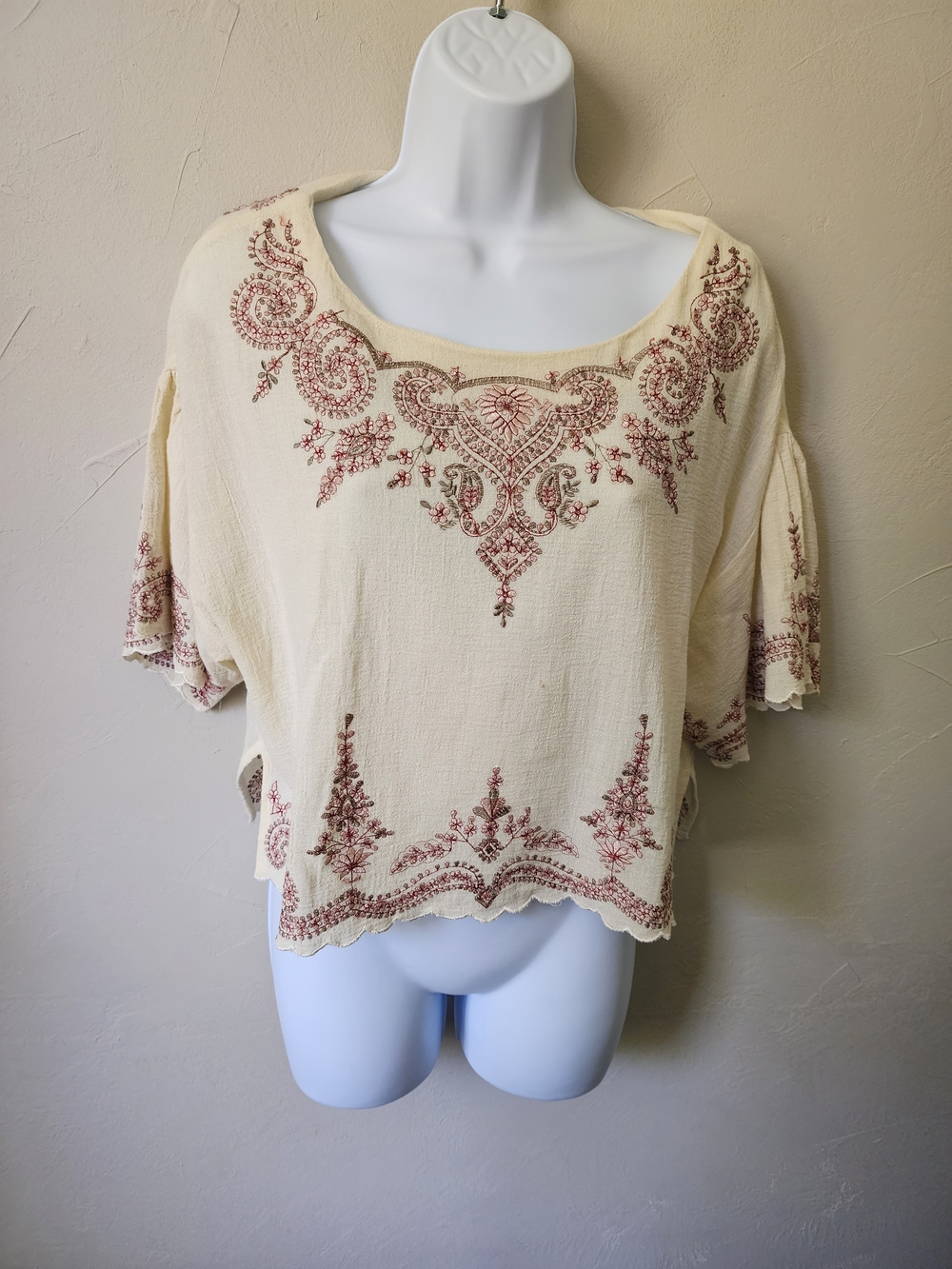 Free People Cream Top with Rust Embroidery Size XS